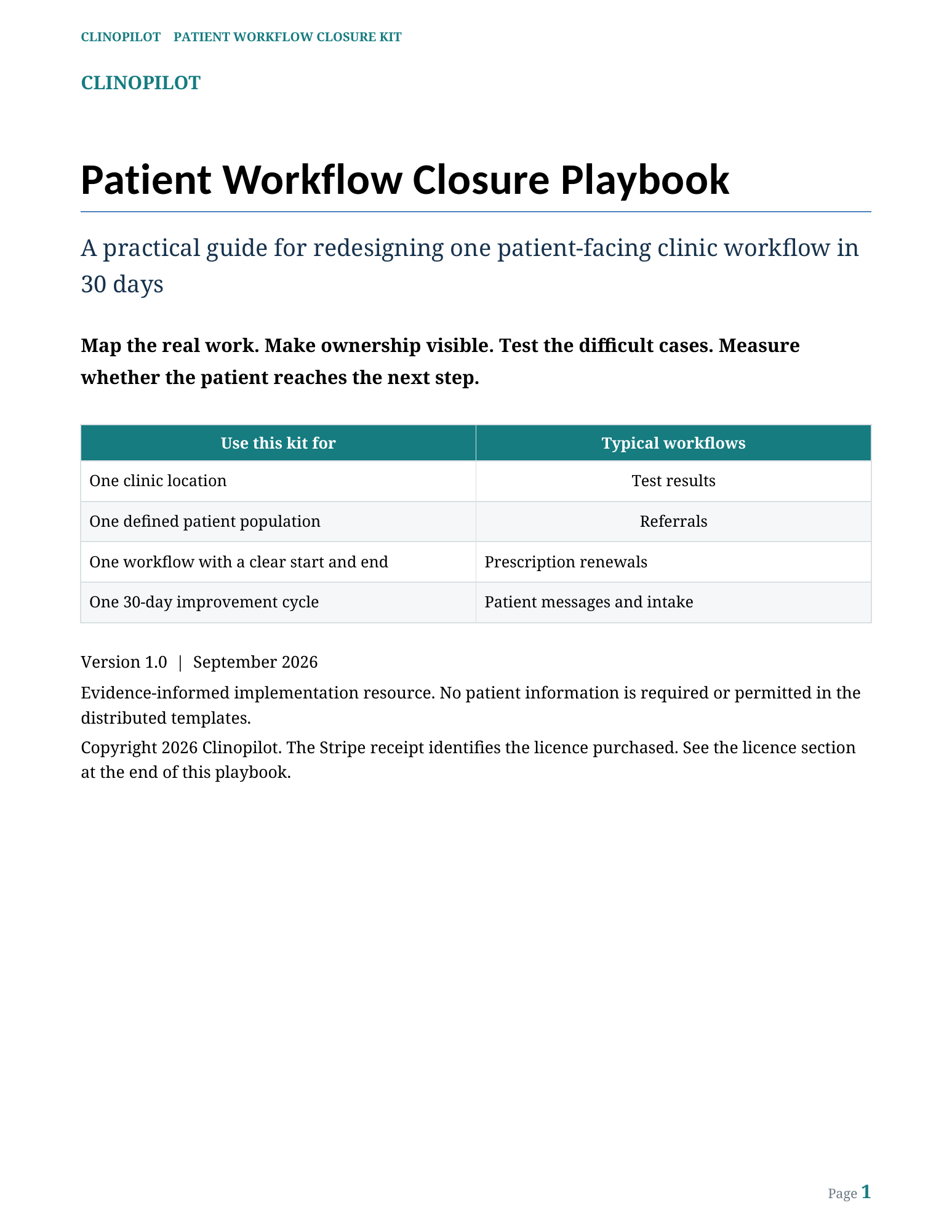 First page of the Patient Workflow Closure Playbook showing its scope and typical workflows